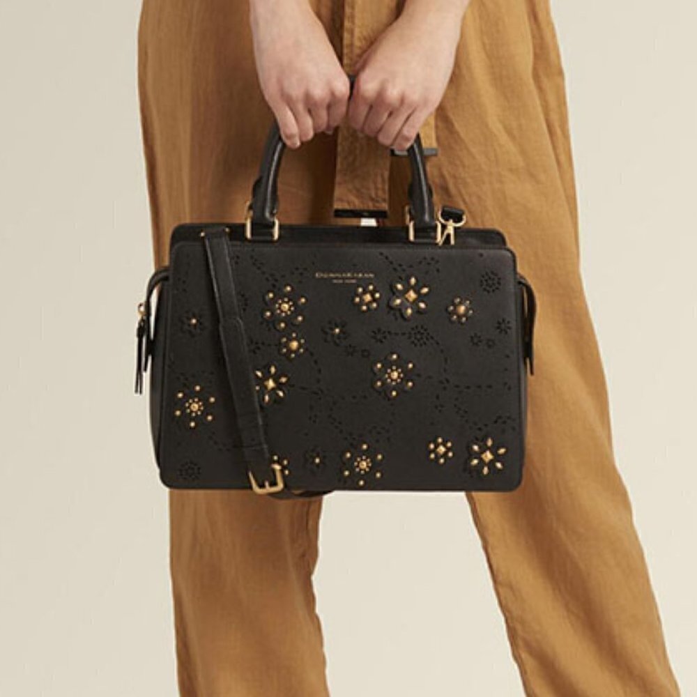 NWT Donna Karan Rina Black Leather Gold Floral Embellished Crossbody Tote Bag - Picture 2 of 9